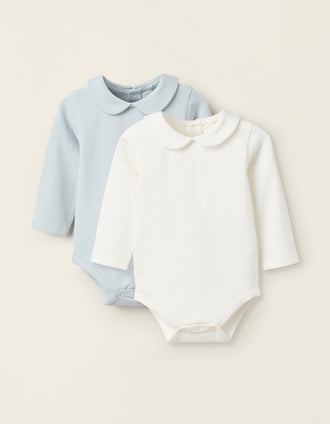 Pack 2 Bodies com Gola Colegial para Recém-Nascido, Branco/Azul
