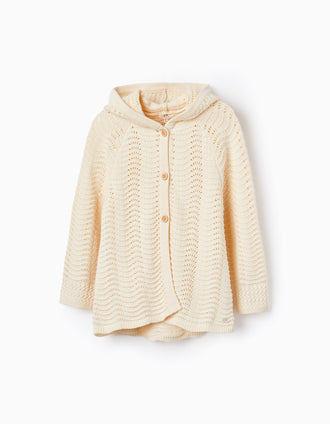 Casaco de Malha Jacquard com Capuz para Menina, Bege