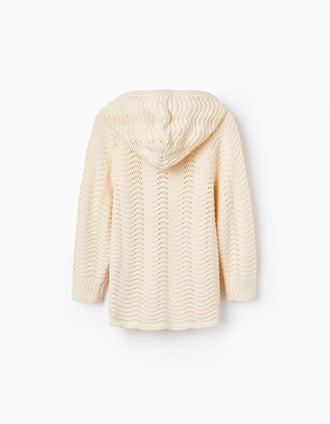 Casaco de Malha Jacquard com Capuz para Menina, Bege