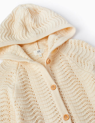 Casaco de Malha Jacquard com Capuz para Menina, Bege