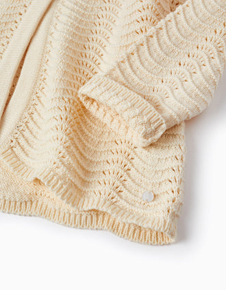 Casaco de Malha Jacquard com Capuz para Menina, Bege