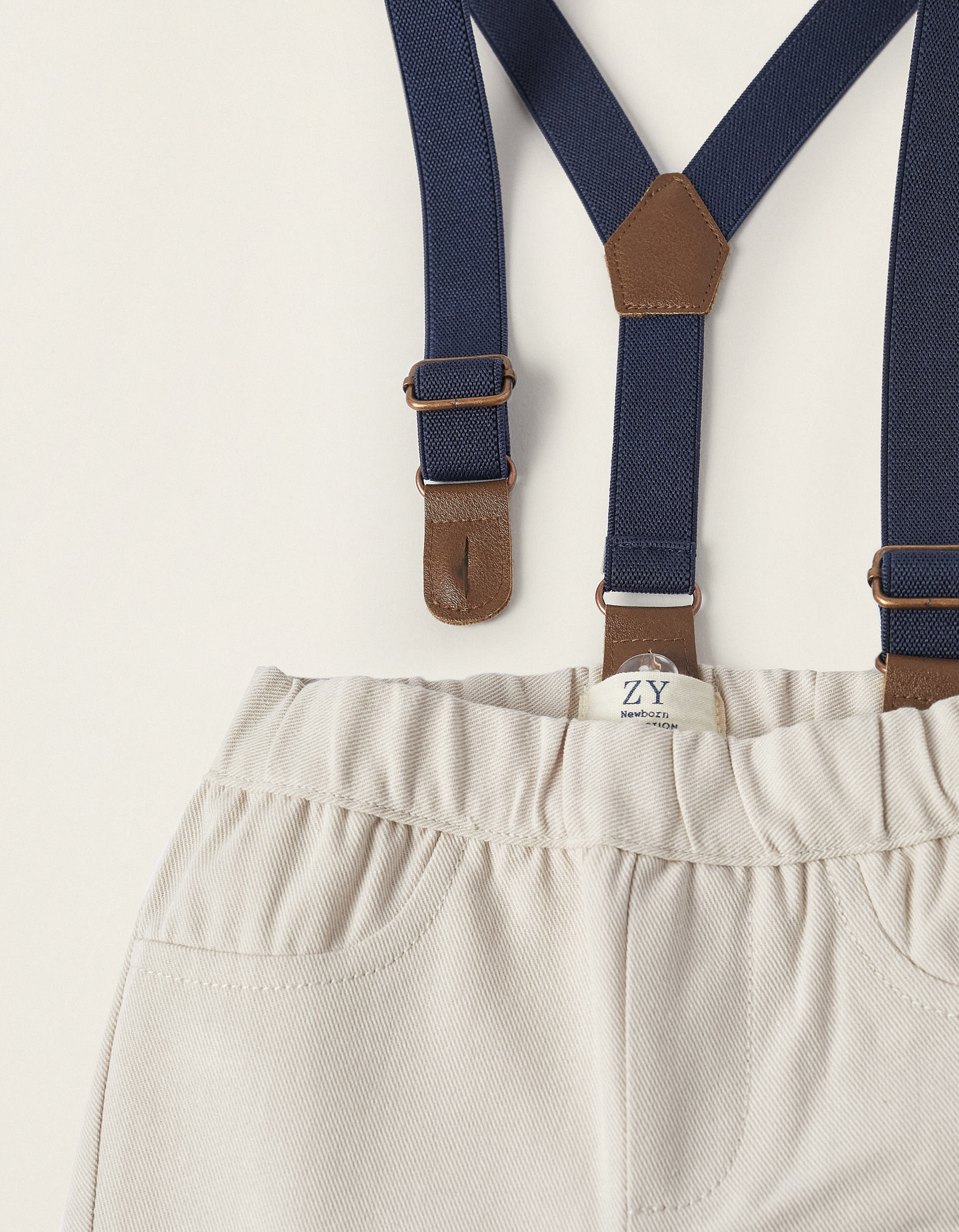 Trousers with Suspenders for Newborn Boys, Beige