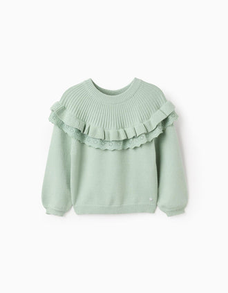 Jersey de Punto con Volantes y Bordado Inglés para Niña, Verde