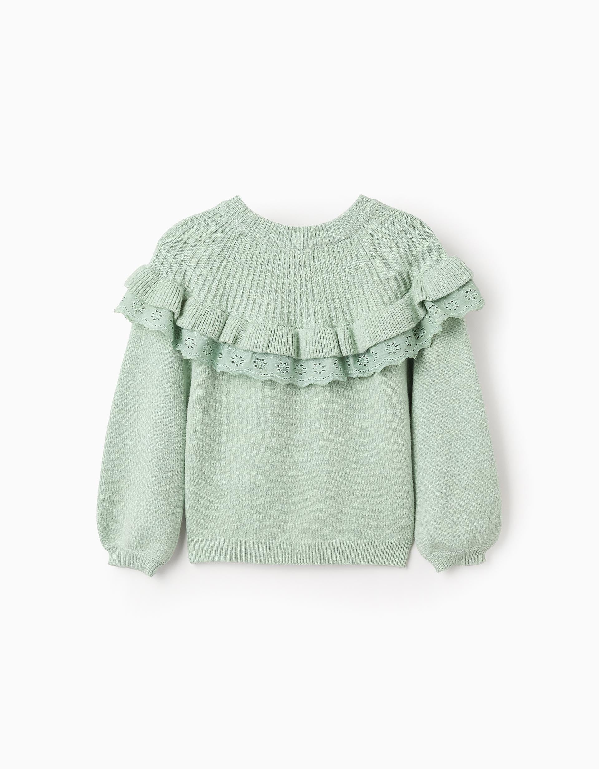 Knitted Jumper with Frills and Broderie Anglaise for Girls, Green