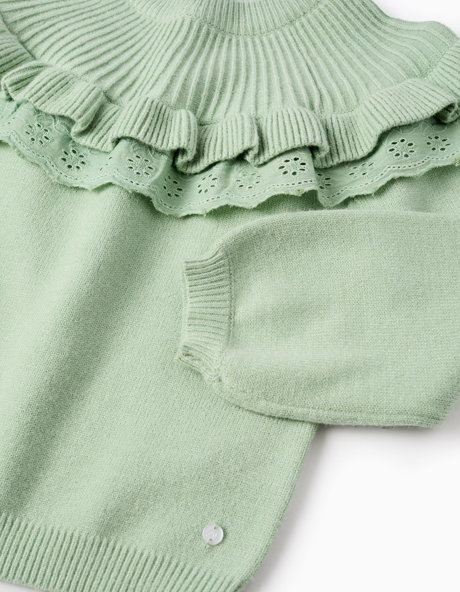 Knitted Jumper with Frills and Broderie Anglaise for Girls, Green