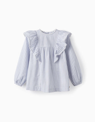 Camisa de Algodón con Volantes para Niña, Blanco/Azul