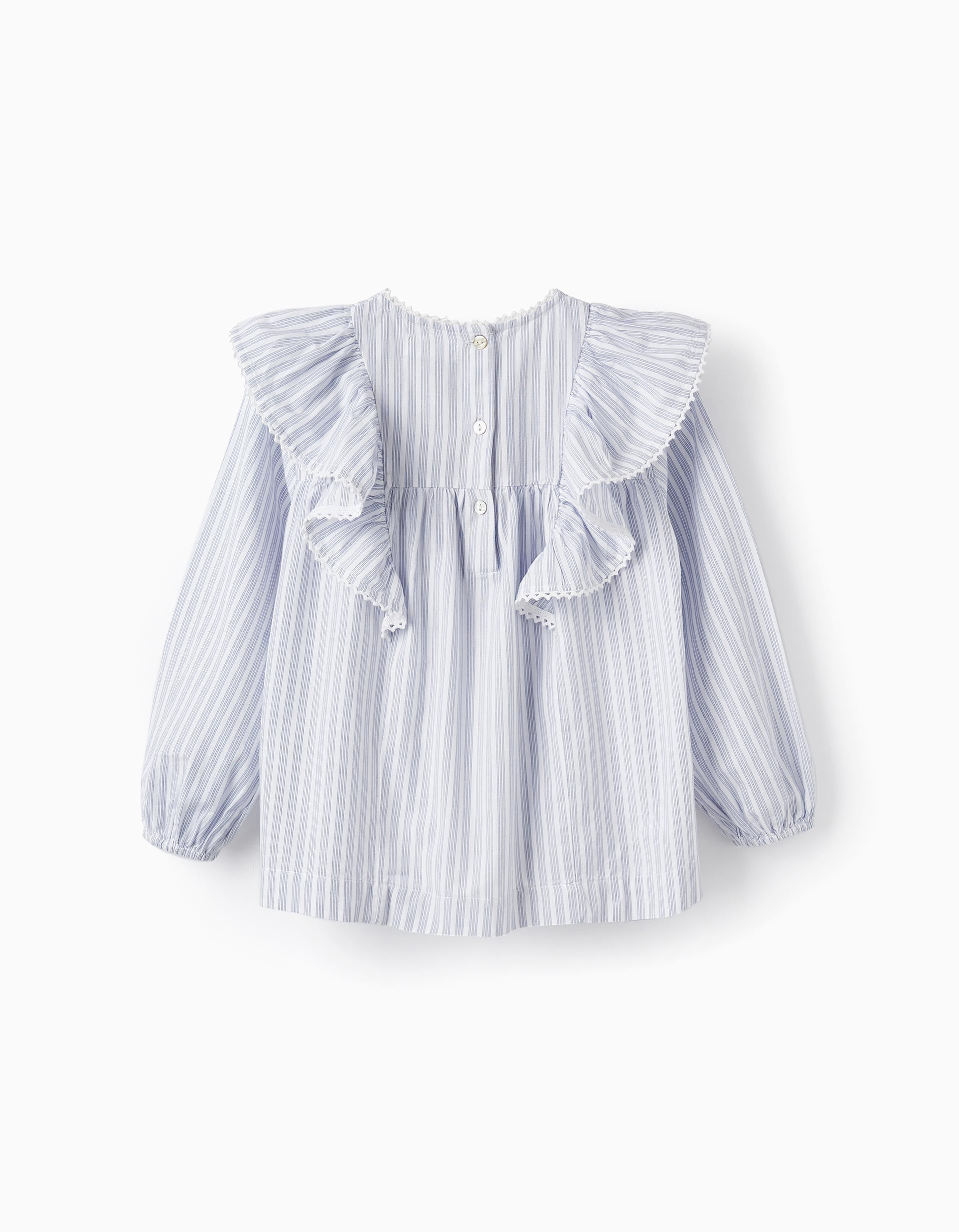 Cotton Shirt with Ruffles for Girls, White/Blue