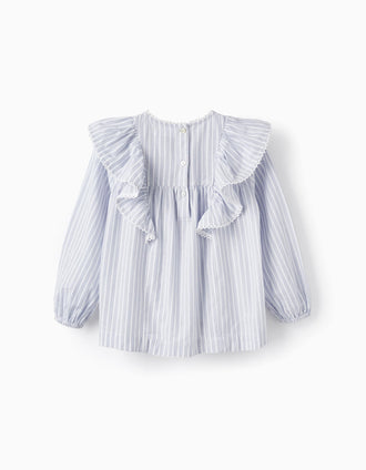 Camisa de Algodón con Volantes para Niña, Blanco/Azul