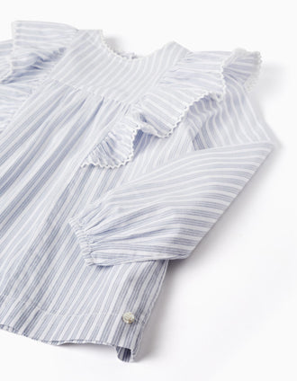 Camisa de Algodón con Volantes para Niña, Blanco/Azul