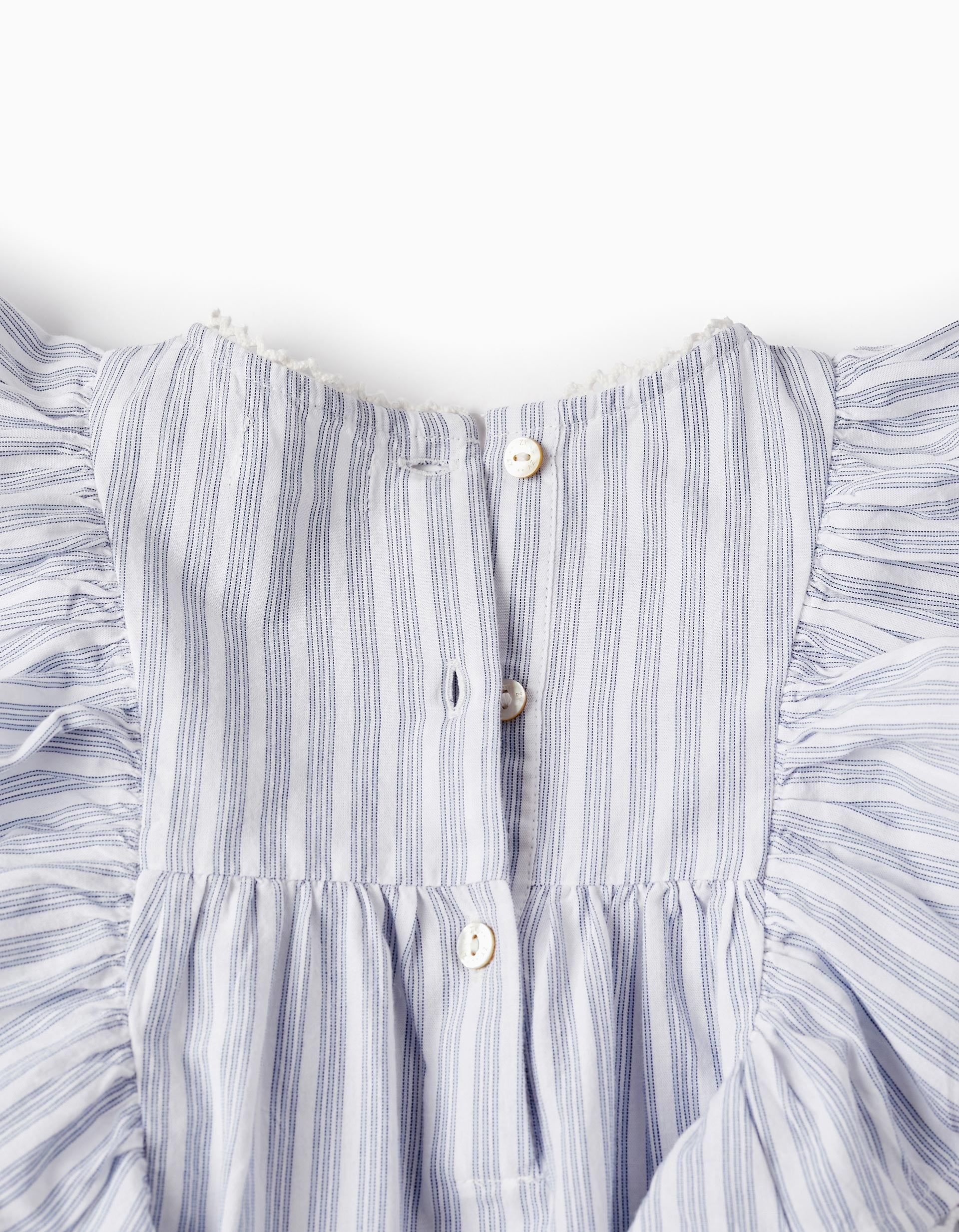 Cotton Shirt with Ruffles for Girls, White/Blue