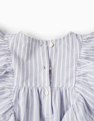 Camisa de Algodón con Volantes para Niña, Blanco/Azul