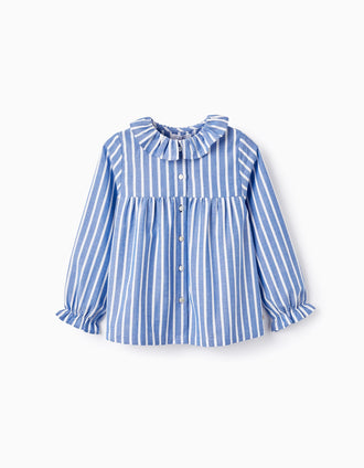 Chemise en Coton à Rayures pour Fille, Bleu/Blanc