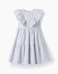 Vestido de Algodão com Folhos para Menina, Branco/Azul