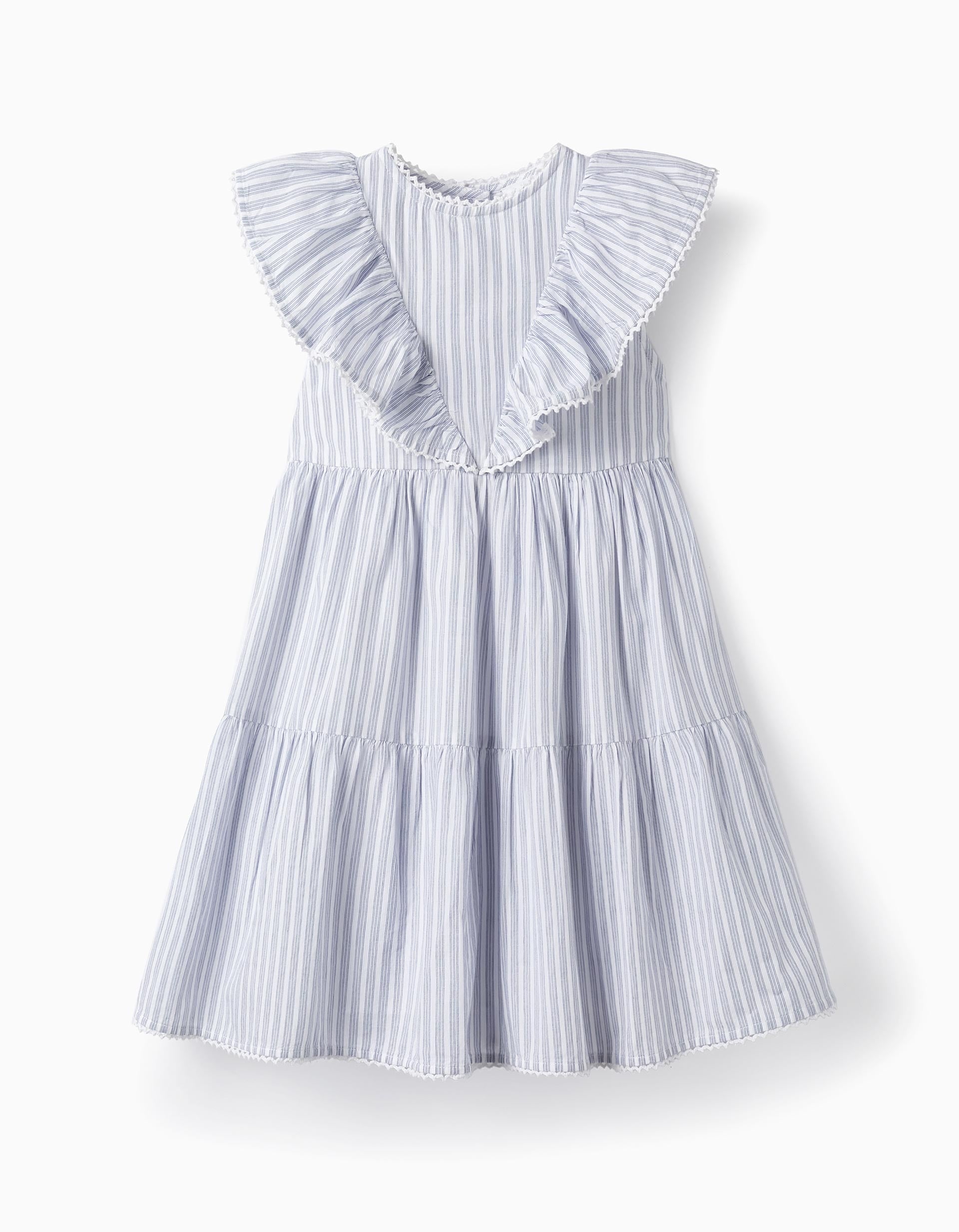 Cotton Dress with Ruffles for Girls, White/Blue