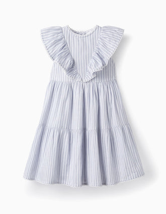 Vestido de Algodón con Volantes para Niña, Blanco/Azul