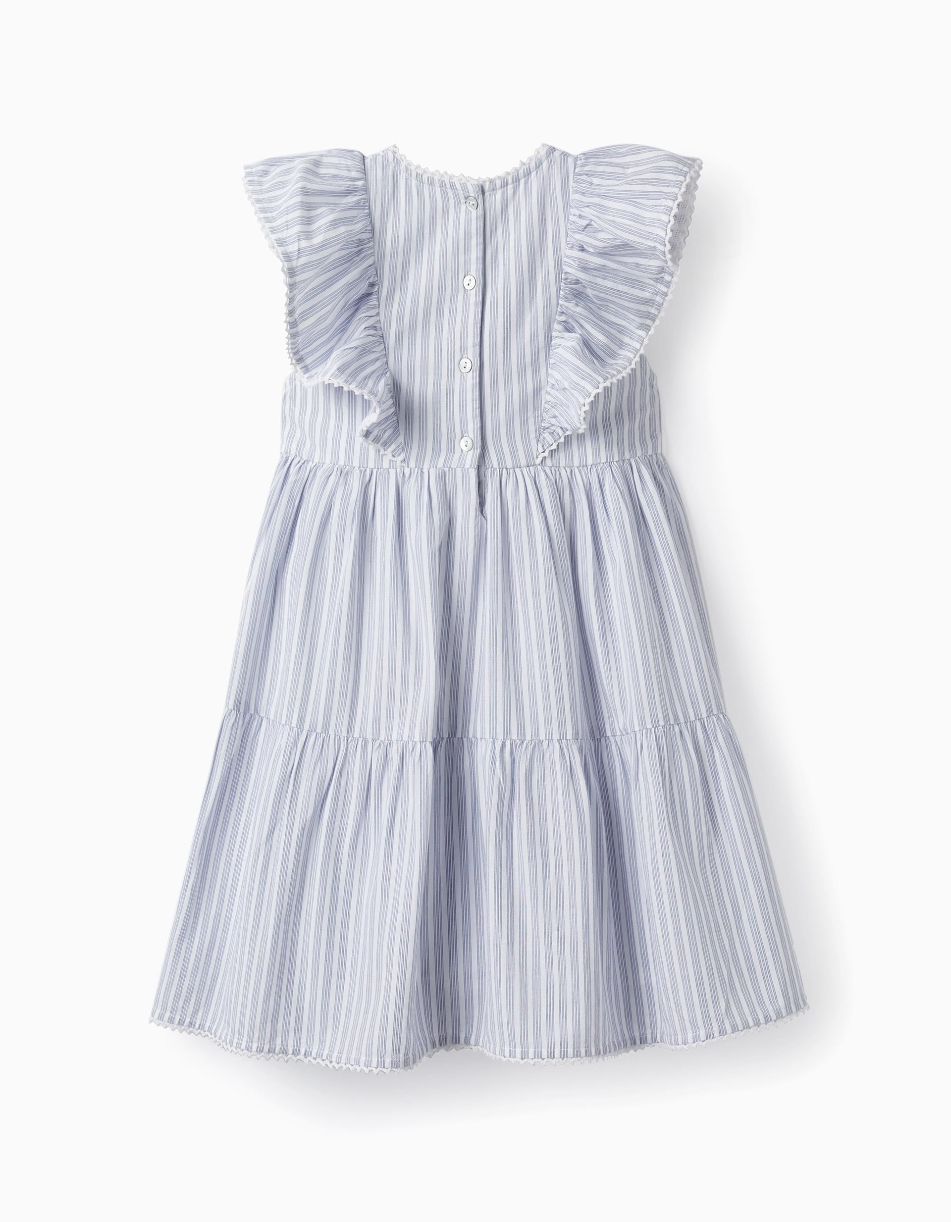 Cotton Dress with Ruffles for Girls, White/Blue