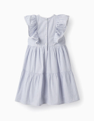 Vestido de Algodón con Volantes para Niña, Blanco/Azul