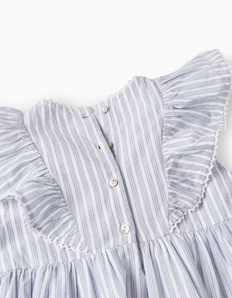 Vestido de Algodón con Volantes para Niña, Blanco/Azul