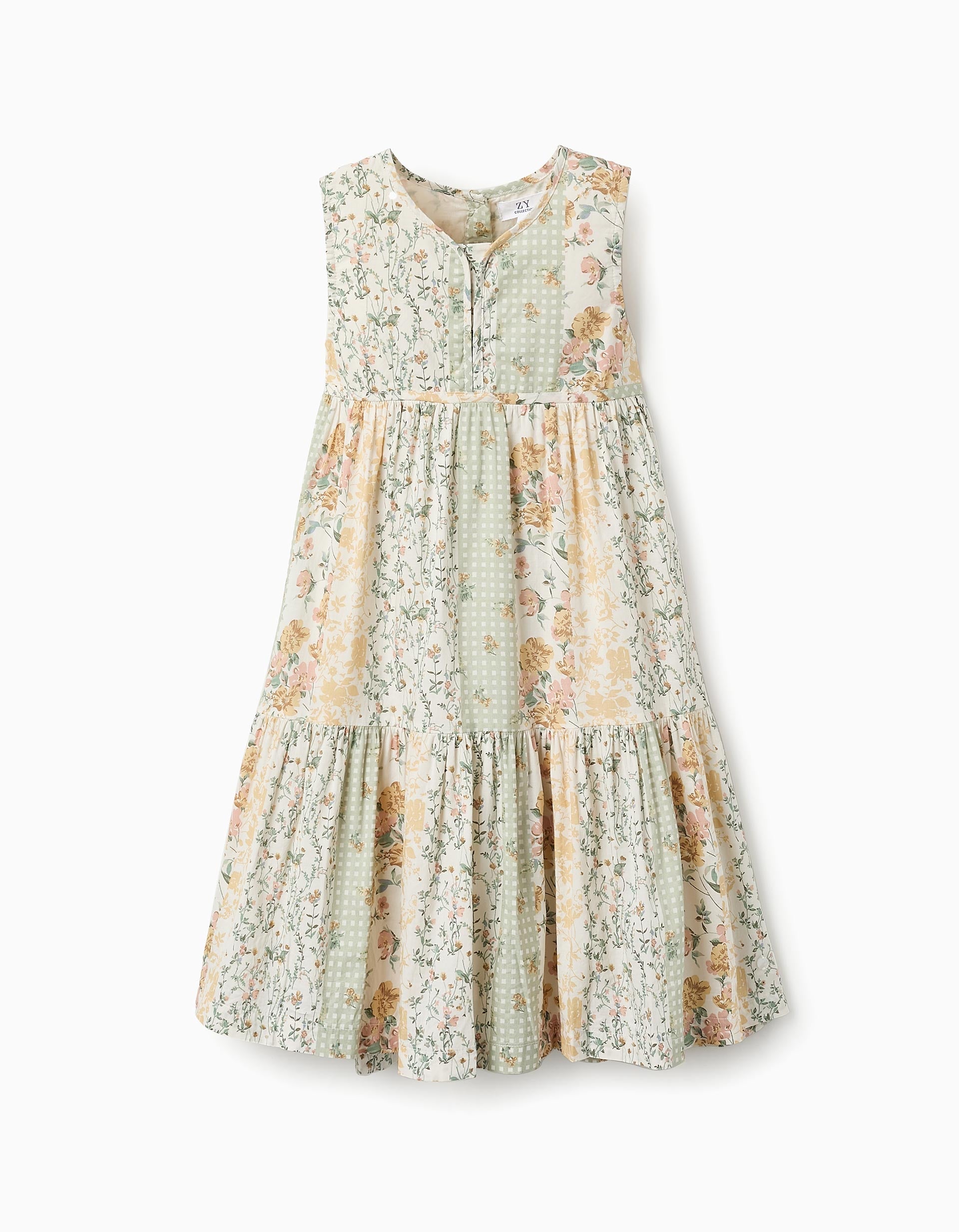 Floral Cotton Dress for Girls, Green/Beige/Pink