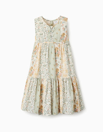 Vestido Floral de Algodão para Menina, Verde/Bege/Rosa