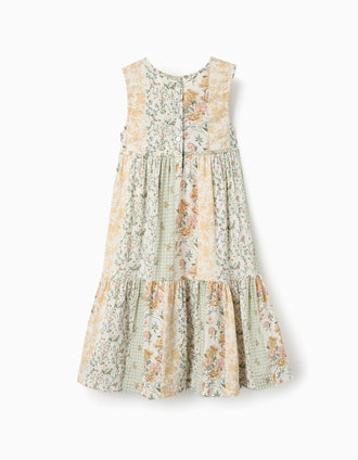 Vestido Floral de Algodón para Niña, Verde/Beige/Rosa