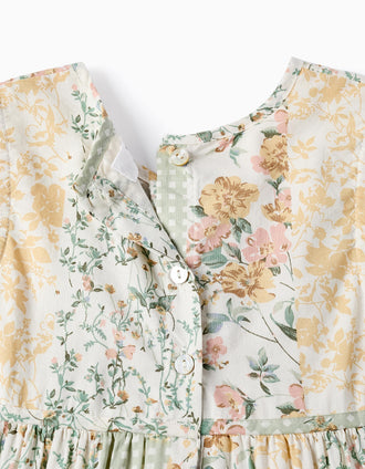 Vestido Floral de Algodón para Niña, Verde/Beige/Rosa