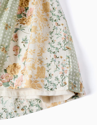 Vestido Floral de Algodão para Menina, Verde/Bege/Rosa