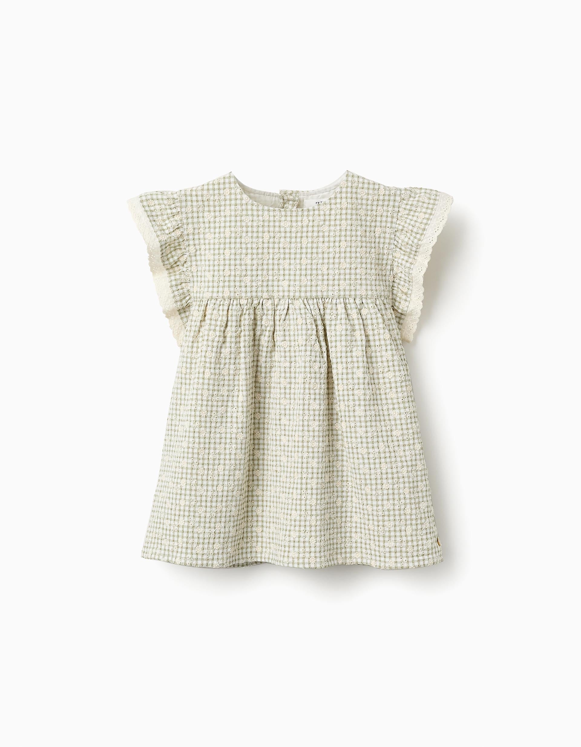 Top Gingham with Embroidery for Girls, Green/White