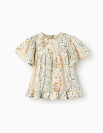Túnica Floral de Algodón para Niña, Verde/Beige/Rosa