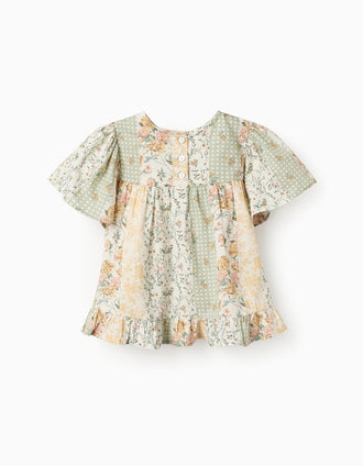 Túnica Floral de Algodão para Menina, Verde/Bege/Rosa
