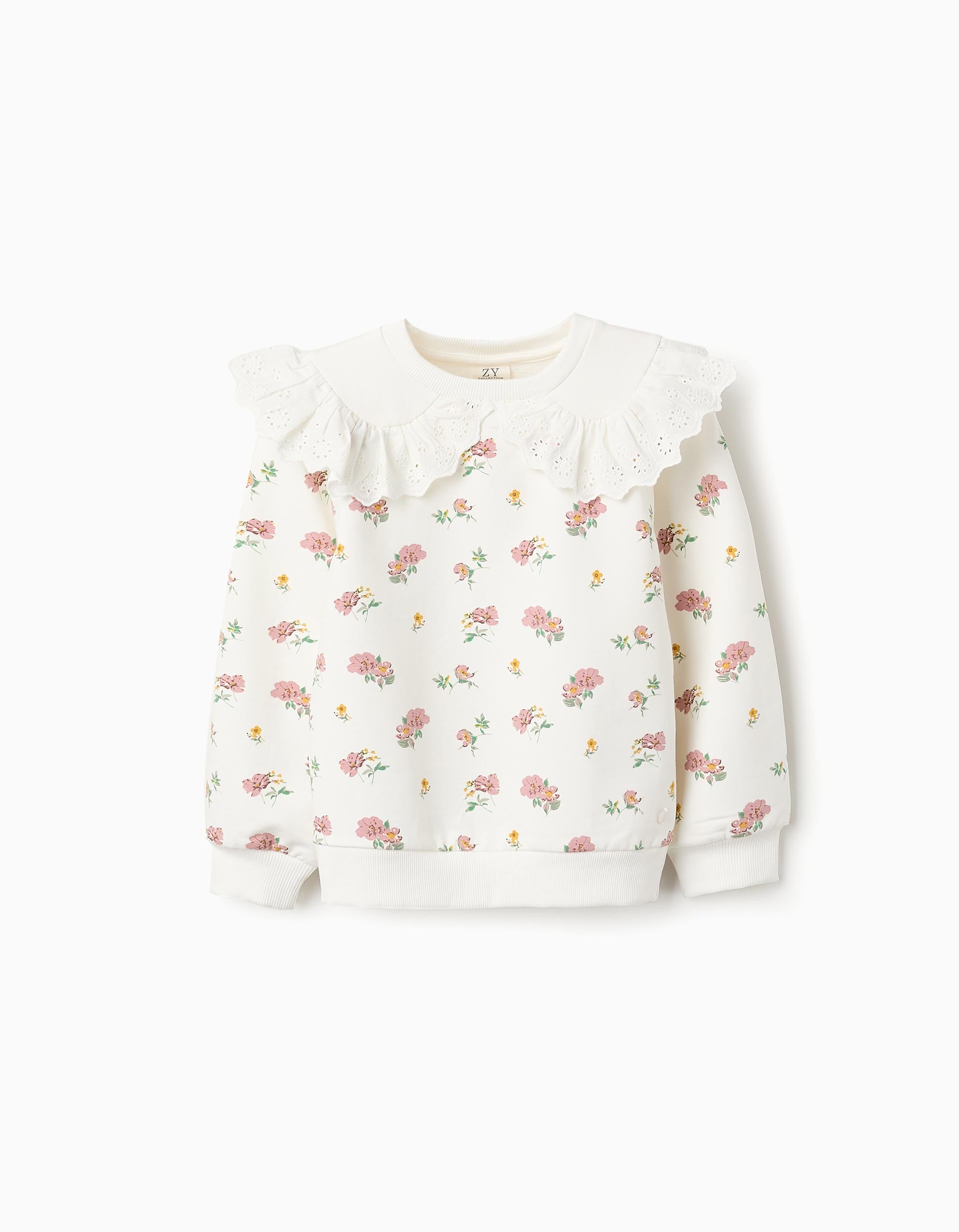 Floral Cotton Sweatshirt with Ruffles for Girls, White