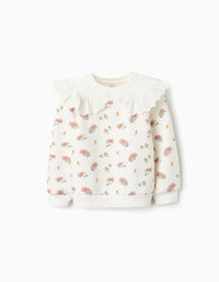 Sweat en Coton Motif Floral avec Volants pour Fille, Blanc