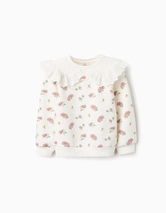 Sudadera Floral de Algodón con Volantes para Niña, Blanco