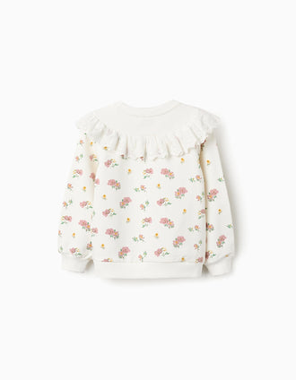 Sudadera Floral de Algodón con Volantes para Niña, Blanco