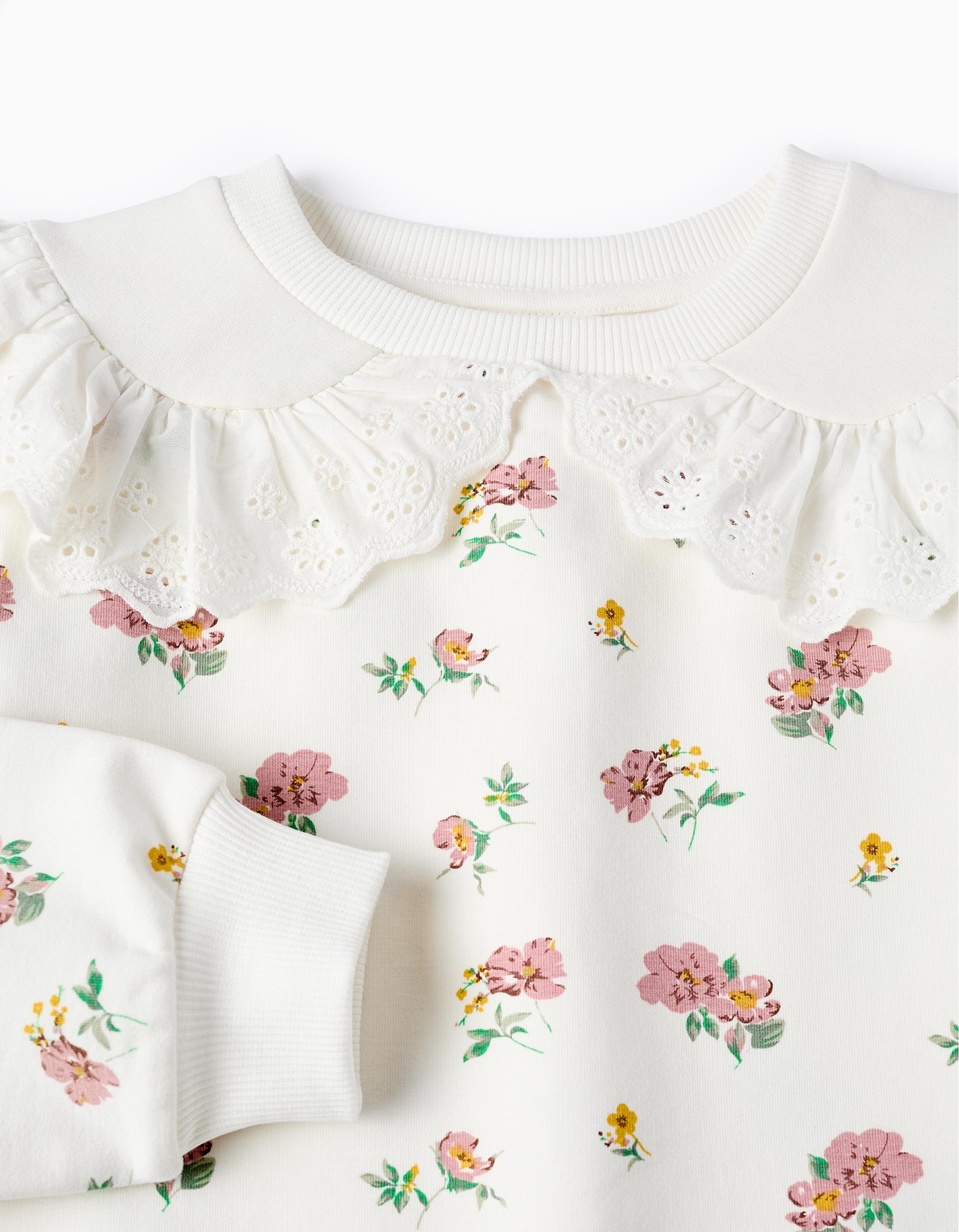 Floral Cotton Sweatshirt with Ruffles for Girls, White