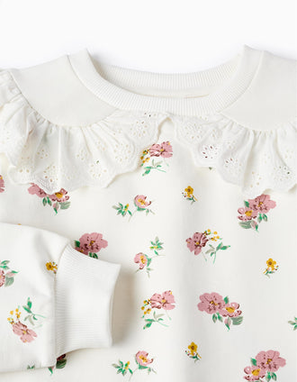 Sudadera Floral de Algodón con Volantes para Niña, Blanco