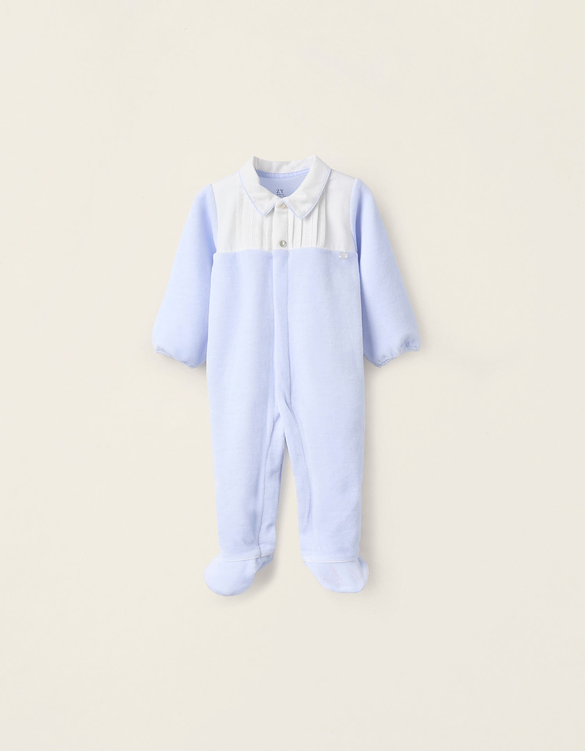 Velours Sleepsuit with Pleated Detail for Newborns, Blue