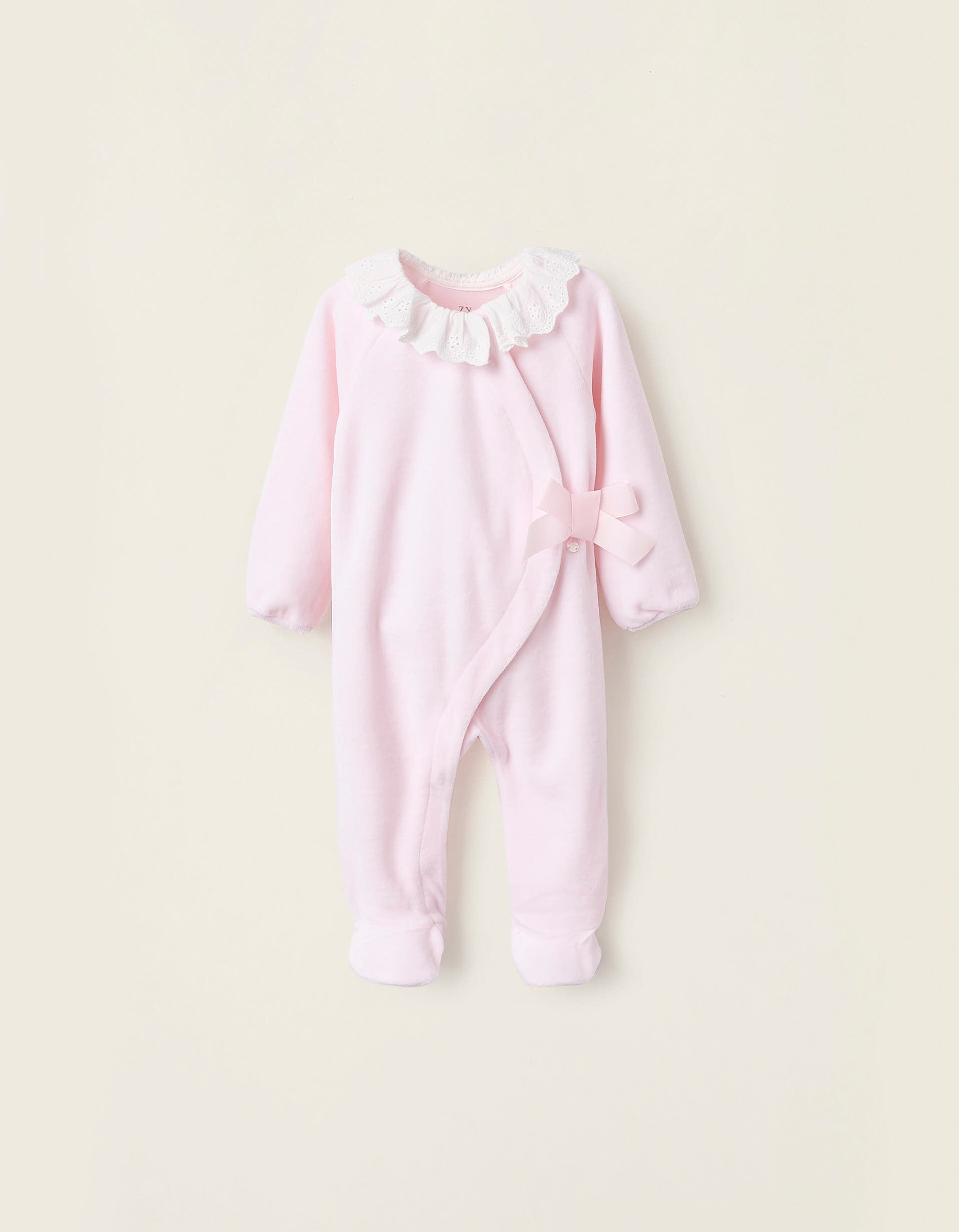 Velours Sleepsuit with Bow and Broderie Anglaise for Newborn Girls, Pink