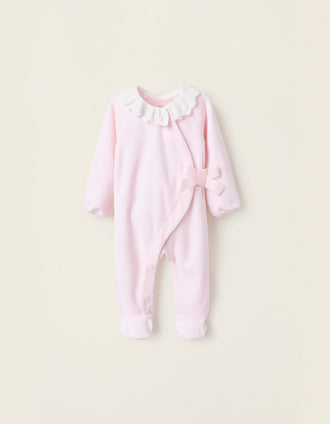 Babygrow de Veludo com Laço e Bordado Inglês para Recém-Nascida, Rosa