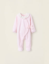 Babygrow de Veludo com Laço e Bordado Inglês para Recém-Nascida, Rosa