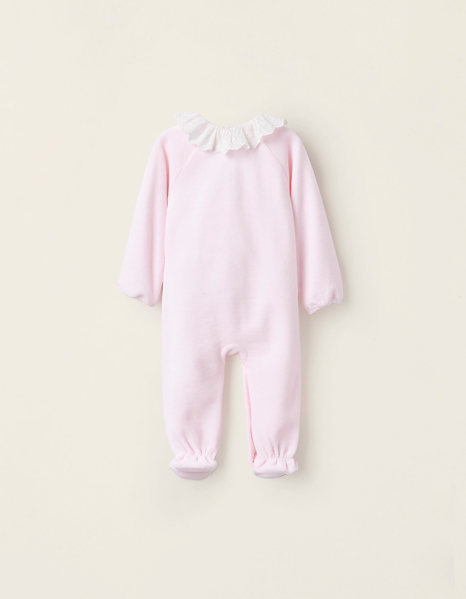 Velours Sleepsuit with Bow and Broderie Anglaise for Newborn Girls, Pink