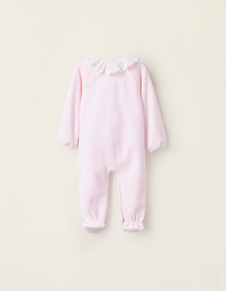 Babygrow de Veludo com Laço e Bordado Inglês para Recém-Nascida, Rosa