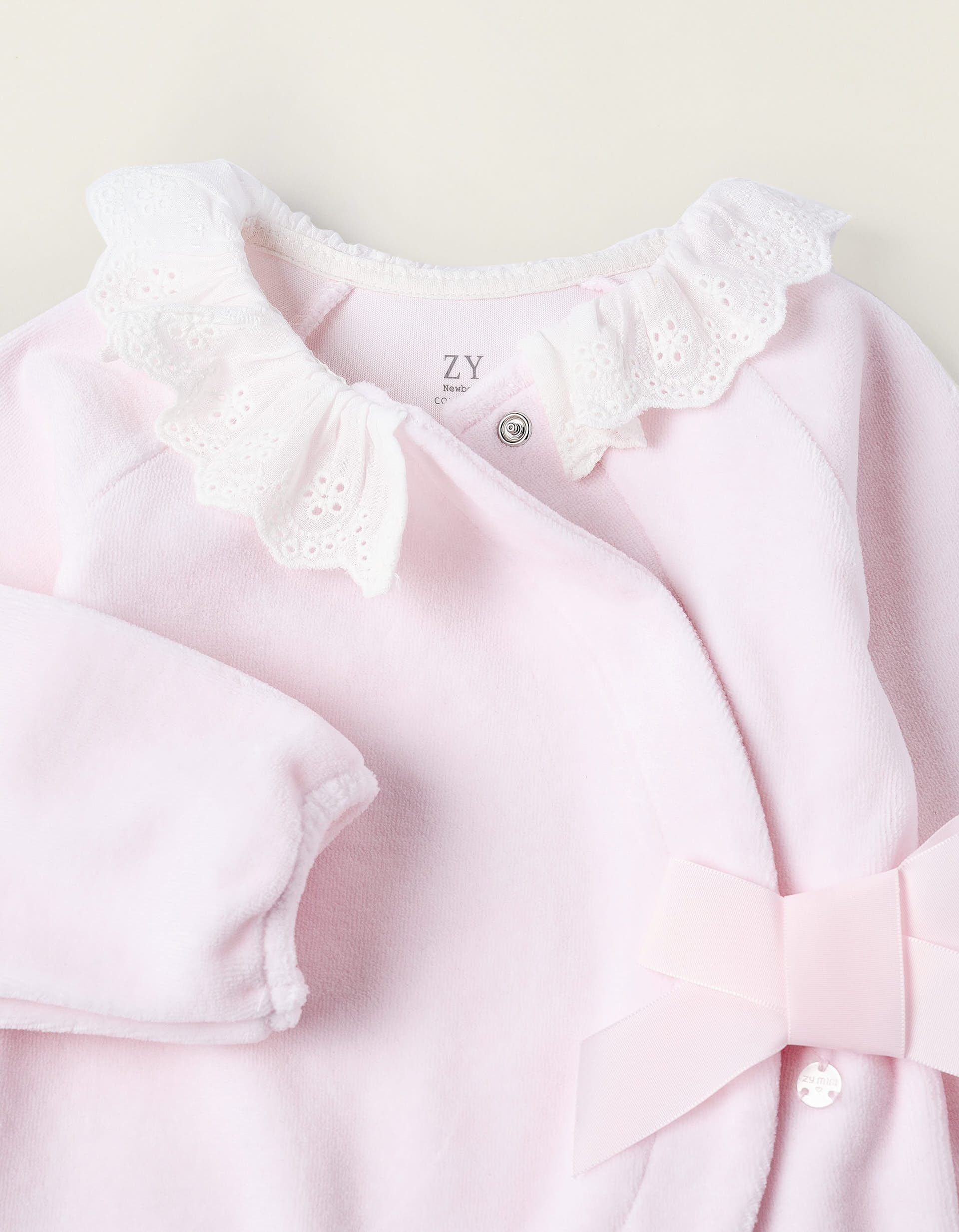 Velours Sleepsuit with Bow and Broderie Anglaise for Newborn Girls, Pink