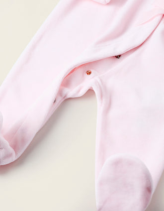 Babygrow de Veludo com Laço e Bordado Inglês para Recém-Nascida, Rosa