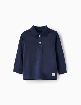 Polo à manches longues en coton pour bébé garçon, Bleu foncé