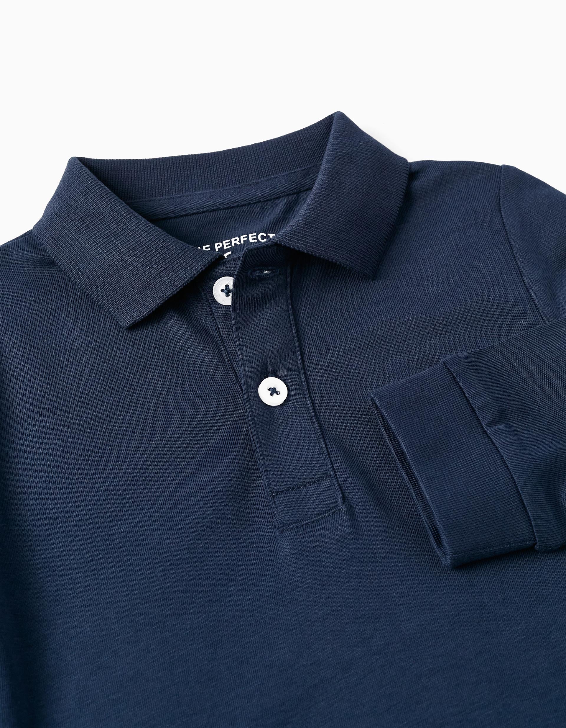 Long Sleeve Cotton Polo for Baby Boys, Dark Blue