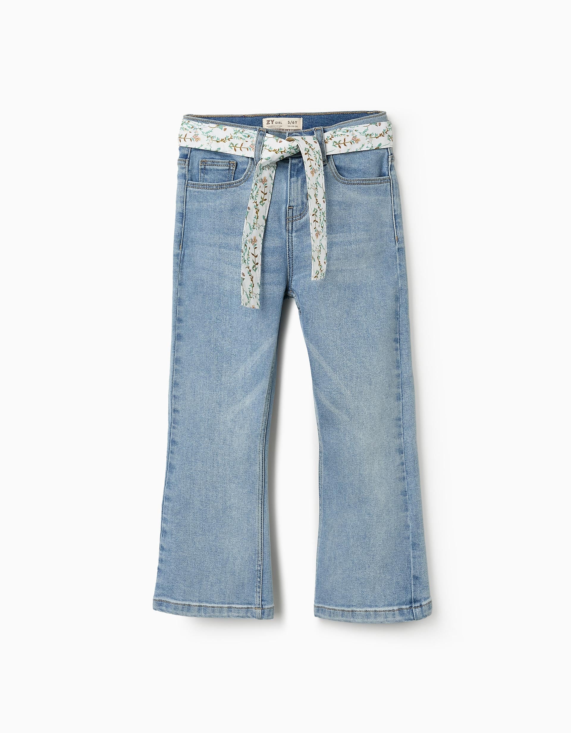 Denim Trousers with Floral Ribbon for Girls, Blue