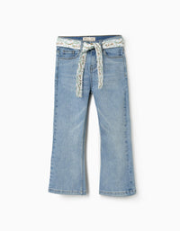 Calças de Ganga com Fita Floral para Menina, Azul