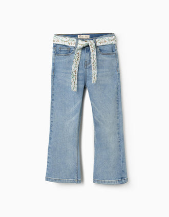 Calças de Ganga com Fita Floral para Menina, Azul