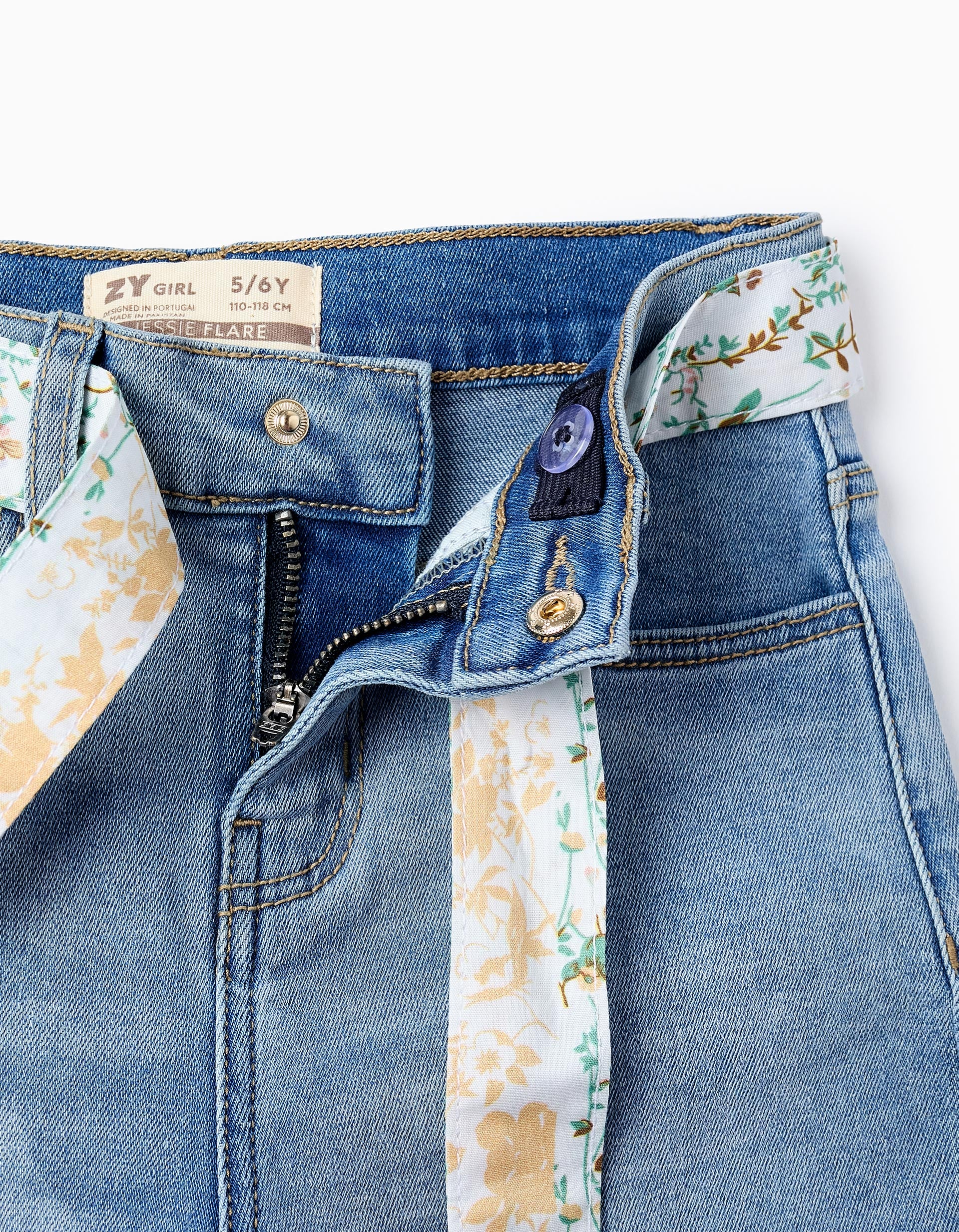 Denim Trousers with Floral Ribbon for Girls, Blue